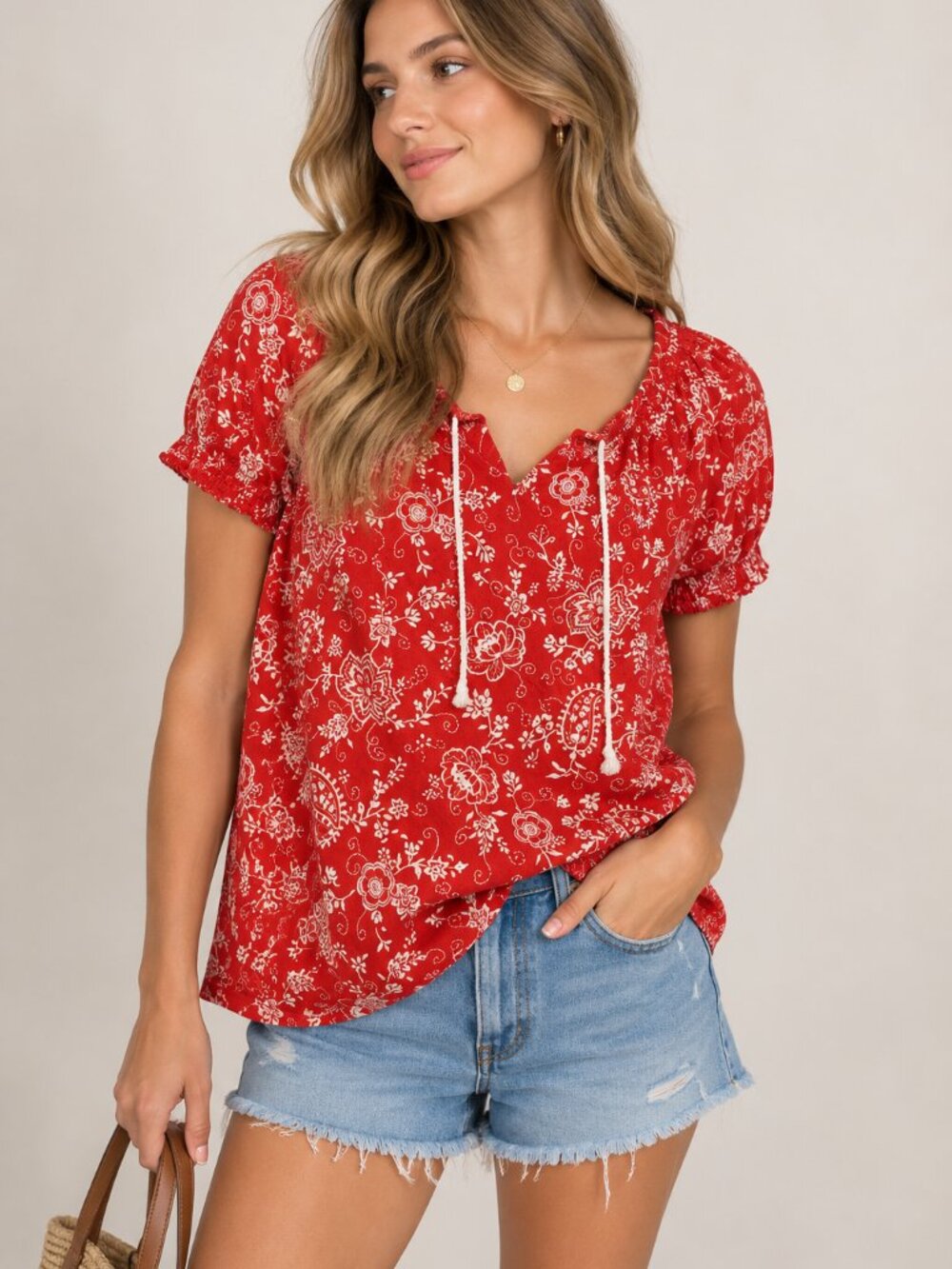 Lauren Ralph Lauren Red Paisley Peasant Blouse Small Cotton Boho Floral 0764